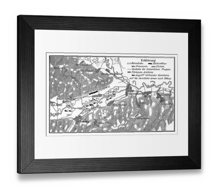 Framed Print : Old engraved map of the Battle of Saint Gotthard - part of the Austro-Turkish War (1663-1664)