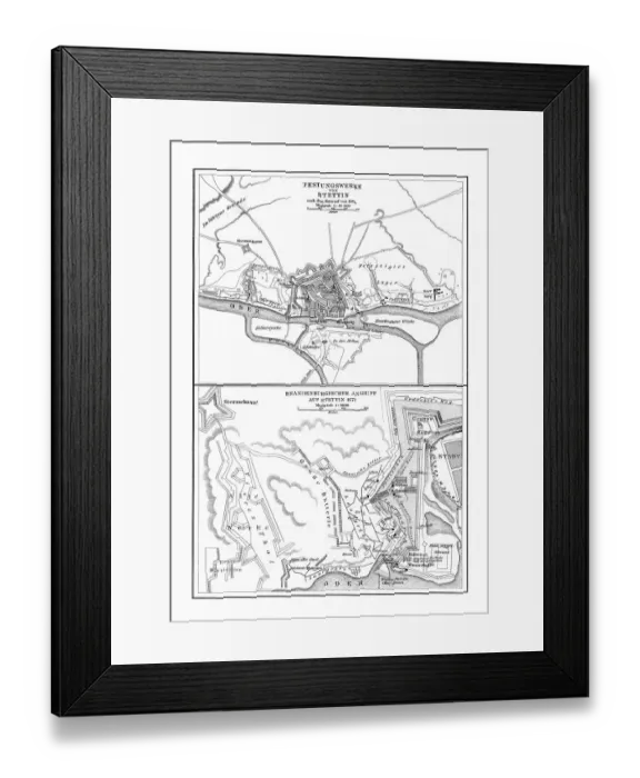 Framed Print : Old chromolithograph map of fortifications of Szczecin - Brandenburg attack on Stettin (1677) Framed Print : Old chromolithograph map of fortifications of Szczecin - Brandenburg attack on Stettin (1677)