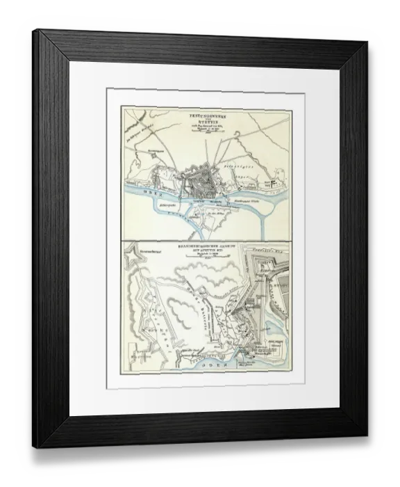 Framed Print : Old chromolithograph map of fortifications of Szczecin - Brandenburg attack on Stettin (1677) Framed Print : Old chromolithograph map of fortifications of Szczecin - Brandenburg attack on Stettin (1677)