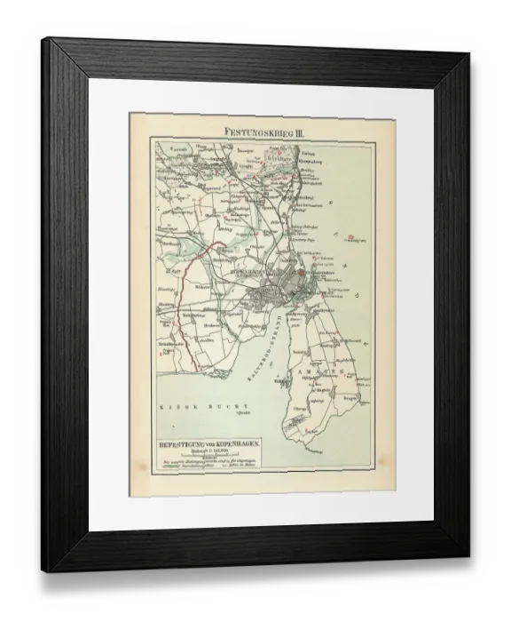 Framed Print : Old chromolithograph map of fortification of Copenhagen, Denmark (fortress war)