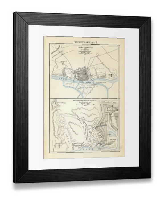 Framed Print : Old chromolithograph map of fortifications of Szczecin - Brandenburg attack on Stettin (1677) Framed Print : Old chromolithograph map of fortifications of Szczecin - Brandenburg attack on Stettin (1677)