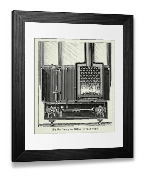 Framed Print : Diagram of arrangement of the tubes in the steam boiler on steam powered tram, Victorian German engineering, 1890s, 19th Century history technology Framed Print : Diagram of arrangement of the tubes in the steam boiler on steam powered tram, Victorian German engineering, 1890s, 19th Century history technology