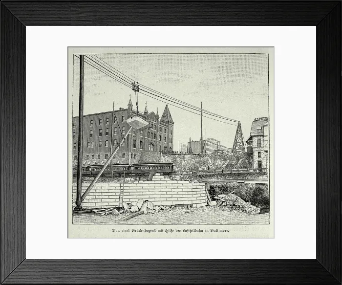Framed Print : Construction of a bridge arch using the aerial cableway crane lift in Baltimore, Victorian engineering, 1890s, 19th Century Framed Print : Construction of a bridge arch using the aerial cableway crane lift in Baltimore, Victorian engineering, 1890s, 19th Century