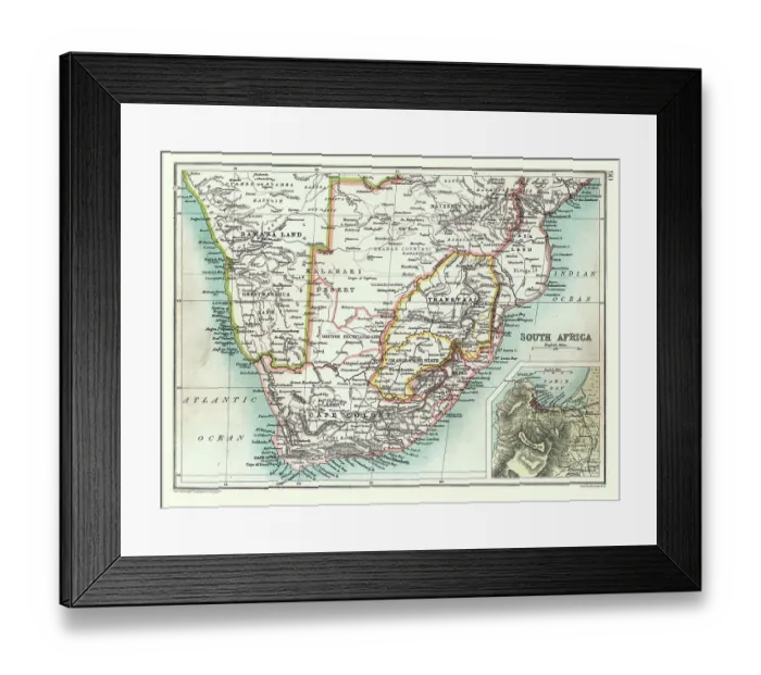 Framed Print : Old Map of South Africa, detail of Cape Town, Transvaal, Cape Colony, Orange Free State, 1890s, 19th Century Framed Print : Old Map of South Africa, detail of Cape Town, Transvaal, Cape Colony, Orange Free State, 1890s, 19th Century