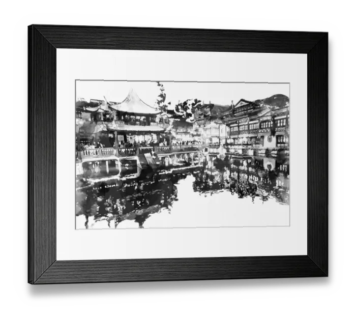 Framed Print : Yu Garden in Shanghai, night view, ink painting style Framed Print : Yu Garden in Shanghai, night view, ink painting style