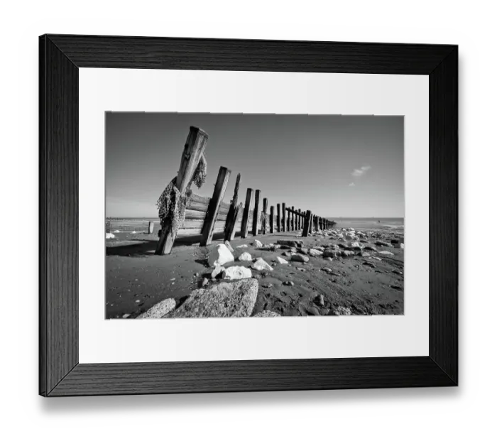 Framed Print : Black and white beach with rocks and wood Framed Print : Black and white beach with rocks and wood