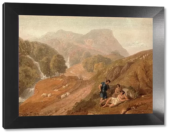 Arcadian Landscape with Sheep and Shepherds, 1814, Landscape in the Centre of the Peloponnese, Greece, Historic, digitally restored reproduction from a 19th century original