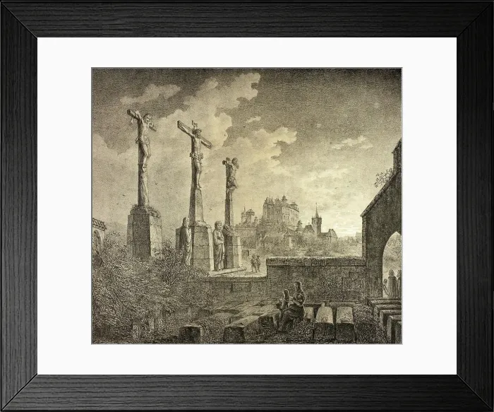 Framed Print : St. John's Cemetery with Crucifixion Group and View to the Castle, 1819, Nuremberg, Bavaria, Germany, Historical, digitally restored reproduction from a 19th century original