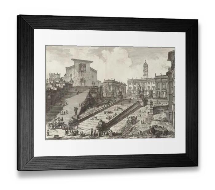 Framed Print : Ancient Rome, Romano Campidoglio con Scalinata che va alla Chiesa d'Araceli, View of the Capitoline Hill with the Stairs Leading to the Church of Santa Maria d'Aracoeli, 1770, Italy, Historical