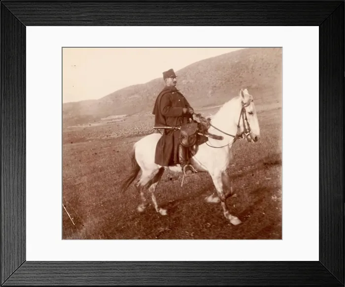 Framed Print : Sightseeing escort, soldier on a horse, white horse, guard, Thessaly, c. 1890, Greece, Historic, digitally restored reproduction from a 19th century original