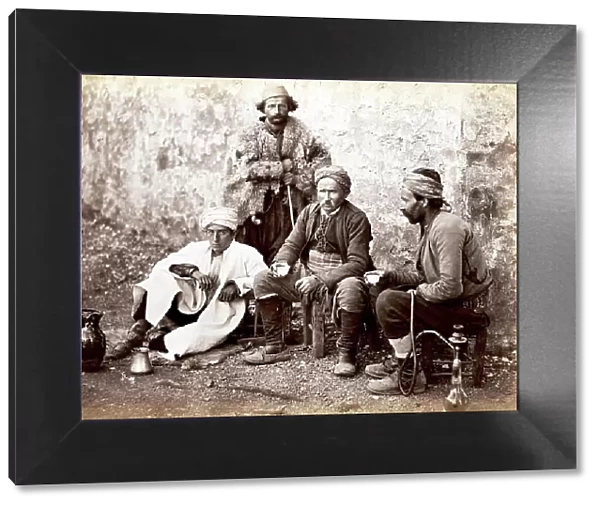 Four men with coffee cup and hookah in front of a cafe in Constantinople, 1880, Turkey, Historical, digitally restored reproduction from a 19th century original