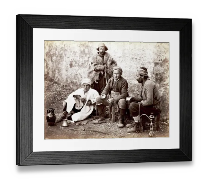 Framed Print : Four men with coffee cup and hookah in front of a cafe in Constantinople, 1880, Turkey, Historical, digitally restored reproduction from a 19th century original Framed Print : Four men with coffee cup and hookah in front of a cafe in Constantinople, 1880, Turkey, Historical, digitally restored reproduction from a 19th century original