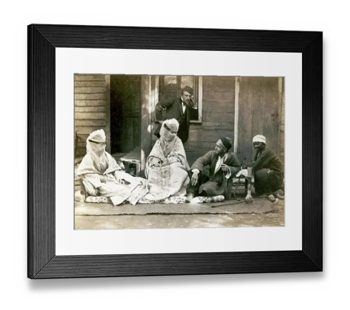 Framed Print : Turkish family in front of their home, woman are veiled, men with hookah, around 1870, Turkey, Historic, digitally restored reproduction from a 19th century original Framed Print : Turkish family in front of their home, woman are veiled, men with hookah, around 1870, Turkey, Historic, digitally restored reproduction from a 19th century original