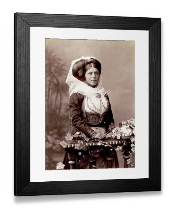 Framed Print : Studio portrait of a woman in traditional Greek dress, 1870, Greece, Historical, digitally restored reproduction from a 19th century original Framed Print : Studio portrait of a woman in traditional Greek dress, 1870, Greece, Historical, digitally restored reproduction from a 19th century original