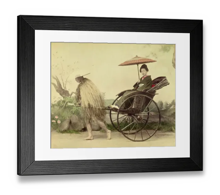 Framed Print : A distinguished woman with a parasol being pulled in a jinrikisha by a man wearing a straw mackintosh, Rischka, c. 1870, Japan, Historic, digitally restored reproduction from an original of the period Framed Print : A distinguished woman with a parasol being pulled in a jinrikisha by a man wearing a straw mackintosh, Rischka, c. 1870, Japan, Historic, digitally restored reproduction from an original of the period