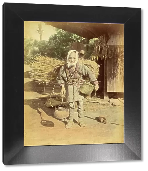 Elderly Japanese woman, farm labourer, carrying bales of straw on her back, work, c. 1870, Japan, Historic, digitally restored reproduction from an original of the period