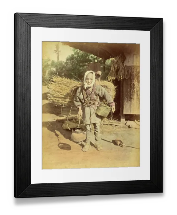 Framed Print : Elderly Japanese woman, farm labourer, carrying bales of straw on her back, work, c. 1870, Japan, Historic, digitally restored reproduction from an original of the period Framed Print : Elderly Japanese woman, farm labourer, carrying bales of straw on her back, work, c. 1870, Japan, Historic, digitally restored reproduction from an original of the period