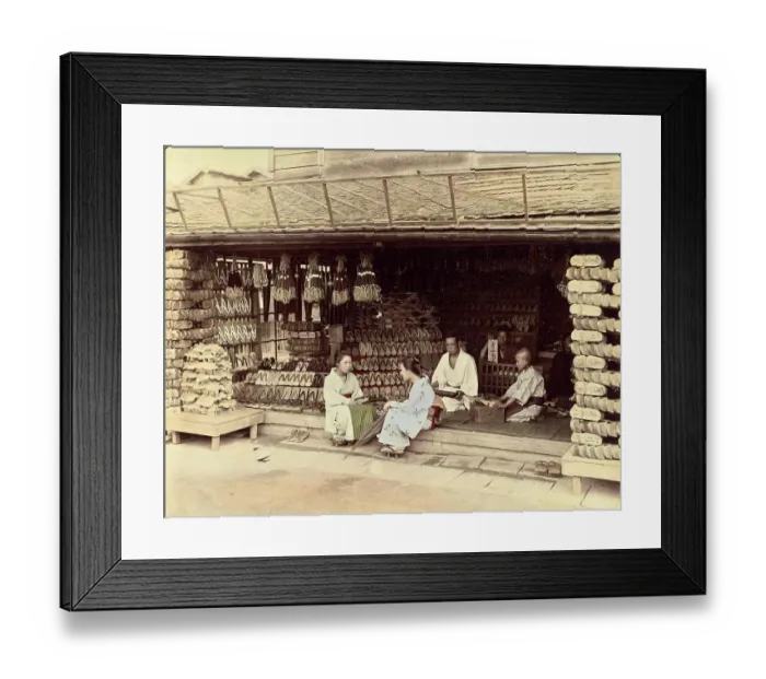 Framed Print : Shoe shop, c. 1870, Japan, Historic, digitally restored reproduction from an original of the period Framed Print : Shoe shop, c. 1870, Japan, Historic, digitally restored reproduction from an original of the period