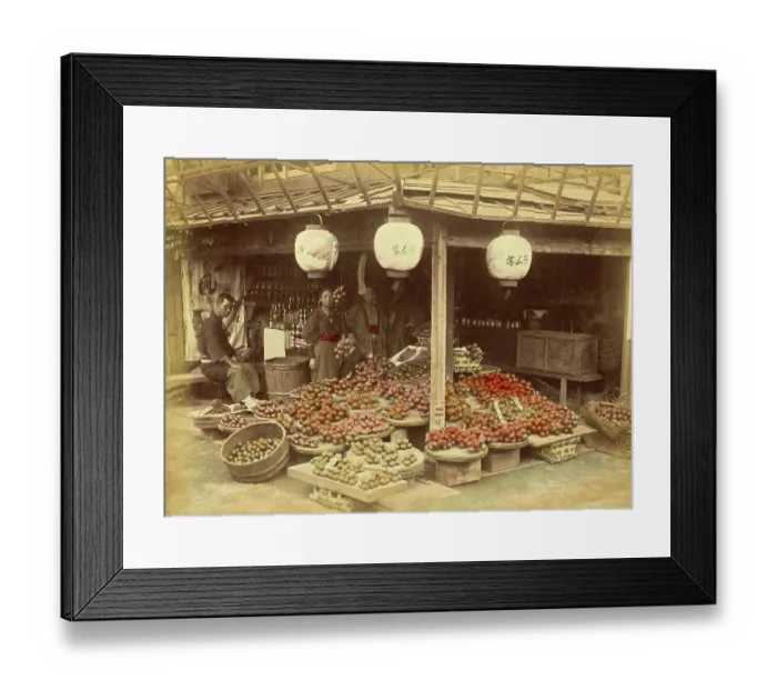 Framed Print : Shop for fruits, vegetables and other foodstuffs, c. 1870, Japan, Historic, digitally restored reproduction from an original of the time Framed Print : Shop for fruits, vegetables and other foodstuffs, c. 1870, Japan, Historic, digitally restored reproduction from an original of the time