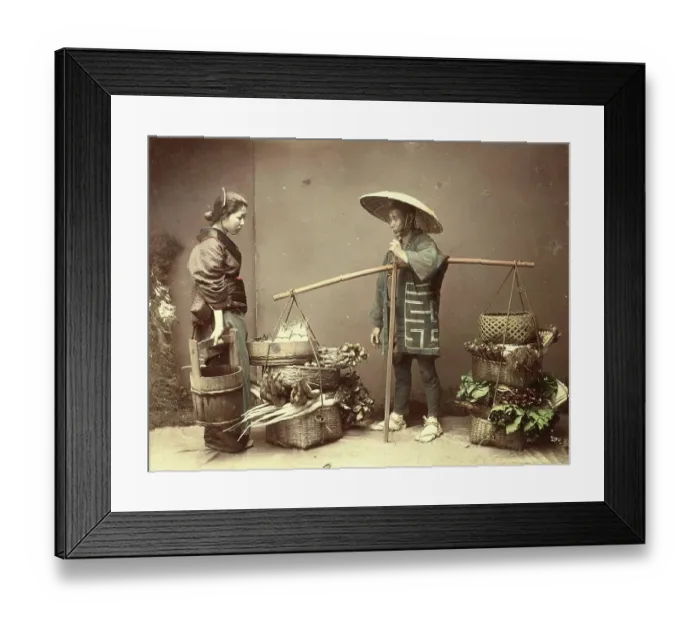 Framed Print : Greengrocer with customer, c. 1880, Japan, Historic, digitally restored reproduction from an original of the period Framed Print : Greengrocer with customer, c. 1880, Japan, Historic, digitally restored reproduction from an original of the period