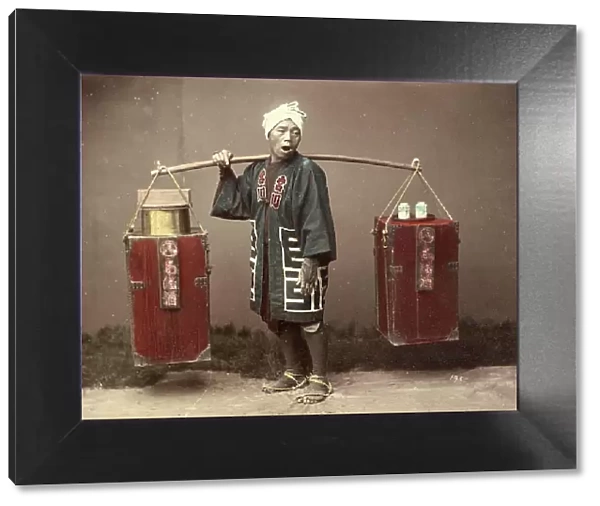 Street vendor with amazake, a traditional Japanese drink made from fermented rice, c. 1880, Japan, Historic, digitally restored reproduction from an original of the period