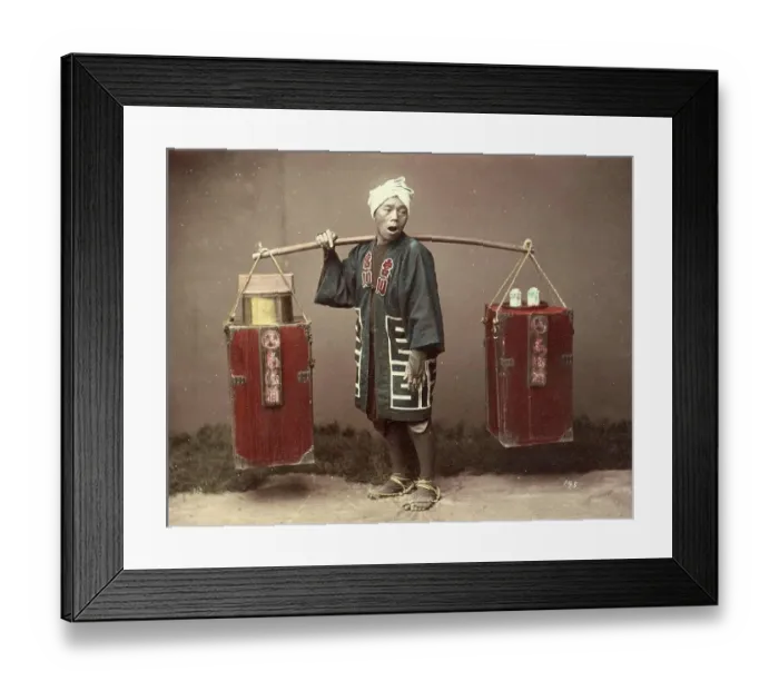 Framed Print : Street vendor with amazake, a traditional Japanese drink made from fermented rice, c. 1880, Japan, Historic, digitally restored reproduction from an original of the period Framed Print : Street vendor with amazake, a traditional Japanese drink made from fermented rice, c. 1880, Japan, Historic, digitally restored reproduction from an original of the period
