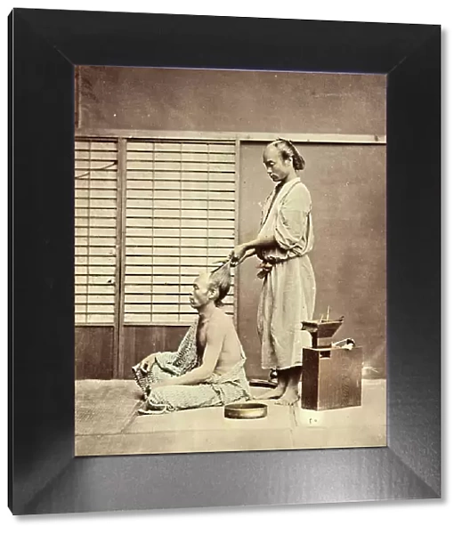 Hairdressing in Japanese style, hairdresser with customer, c. 1880, Japan, Historic, digitally restored reproduction from an original of the period