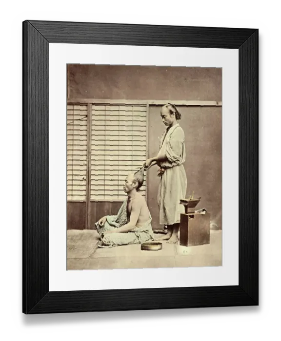 Framed Print : Hairdressing in Japanese style, hairdresser with customer, c. 1880, Japan, Historic, digitally restored reproduction from an original of the period