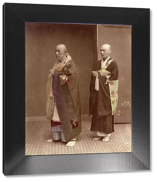Two Buddhist monks on their way to the monastery, Buddhism, priest, c. 1870, Japan, Historic, digitally restored reproduction from an original of the time