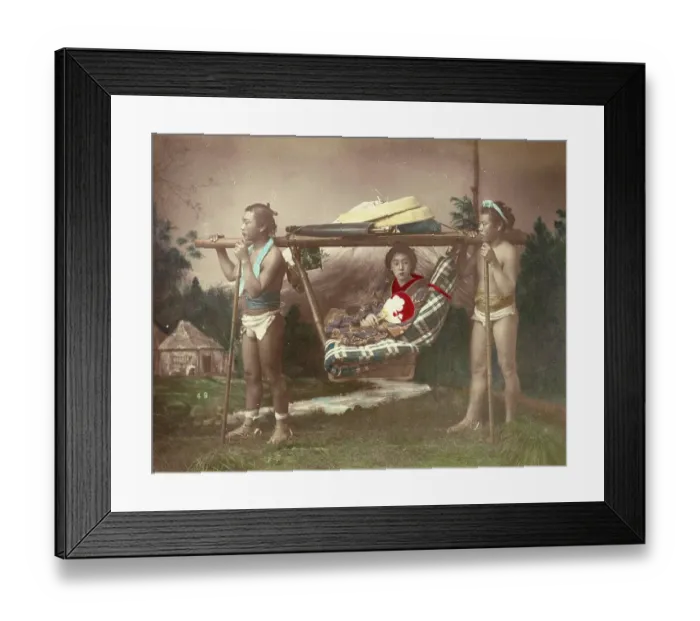 Framed Print : Kago Travelling Chair, Japanese woman being carried in a palanquin by two men, distinguished lady with her servants, c. 1870, Japan, Historic, digitally restored reproduction from an original of the period