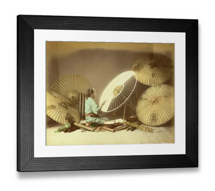 Framed Print : Antique Japan, making parasols, umbrellas, in a small workshop, c. 1880, Japan, Historic, digitally restored reproduction from an original of the period Framed Print : Antique Japan, making parasols, umbrellas, in a small workshop, c. 1880, Japan, Historic, digitally restored reproduction from an original of the period