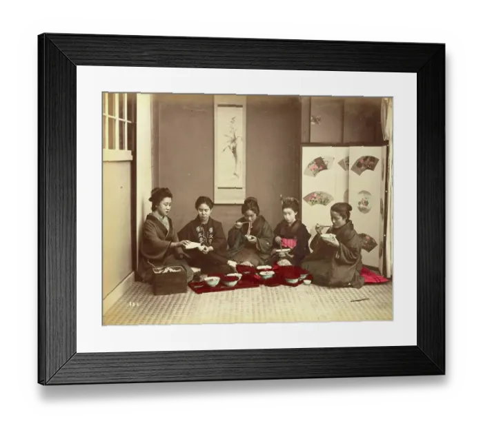 Framed Print : Five woman eating buckwheat noodles, c. 1870, Japan, Historic, digitally restored reproduction from an original of the period Framed Print : Five woman eating buckwheat noodles, c. 1870, Japan, Historic, digitally restored reproduction from an original of the period
