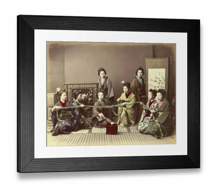 Framed Print : Konkonchiki, Japanese woman at a parlour game, a group of eight young woman, four of whom are holding a rope and playing a game while the others watch, c. 1870, Japan, Historic, digitally restored reproduction from an original of the period