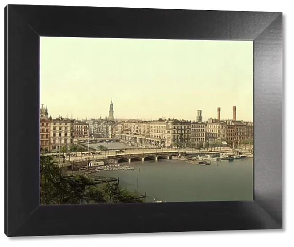 Alster Arcades in Hamburg, Germany, Historic, digitally restored reproduction of a photochromic print from the 1890s