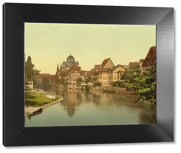 River Pegnitz and Synagogue, Nuremberg, Bavaria, Germany, Historic, digitally restored reproduction of a photochrome print from the 1890s