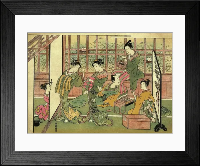 Framed Print : Prostitution, a brothel in Shinagawa, the print shows five courtesans attending to the needs of a male customer, one woman playing a shamisen, another preparing a pipe for smoking, 1774, Japan, Historic Framed Print : Prostitution, a brothel in Shinagawa, the print shows five courtesans attending to the needs of a male customer, one woman playing a shamisen, another preparing a pipe for smoking, 1774, Japan, Historic
