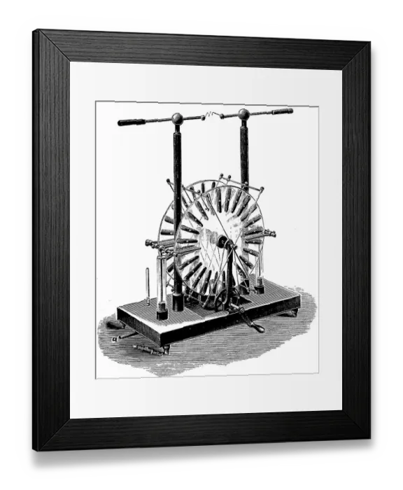 Framed Print : Electrical engineering, self-exciting influence machine, constructed after Windhurst by Robert Voss, Berlin, Germany, digitally restored reproduction of an original 19th century model Framed Print : Electrical engineering, self-exciting influence machine, constructed after Windhurst by Robert Voss, Berlin, Germany, digitally restored reproduction of an original 19th century model