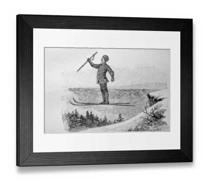 Framed Print : Jump with snowshoes, ski, Norway, 1885, digitally restored reproduction of an original 19th-century painting Framed Print : Jump with snowshoes, ski, Norway, 1885, digitally restored reproduction of an original 19th-century painting