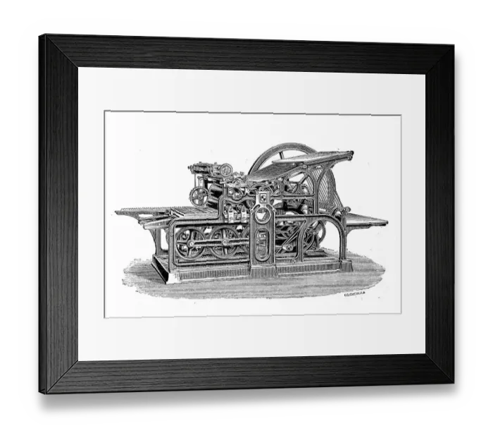 Framed Print : Printing technique, simple high-speed press with railway movement and cylindrical undercarriage, by Koenig und farmer, Oberzell Monastery near Wuerzburg, Germany, digitally restored reproduction of an original 19th century master Framed Print : Printing technique, simple high-speed press with railway movement and cylindrical undercarriage, by Koenig und farmer, Oberzell Monastery near Wuerzburg, Germany, digitally restored reproduction of an original 19th century master