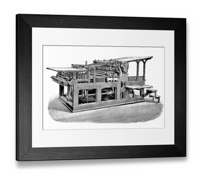 Framed Print : Printing technique, two-tour press for factory printing, illustration printing and autotype printing, by Koenig und farmer, Oberzell Monastery near Wuerzburg, Germany, digitally restored reproduction of an original 19th century master Framed Print : Printing technique, two-tour press for factory printing, illustration printing and autotype printing, by Koenig und farmer, Oberzell Monastery near Wuerzburg, Germany, digitally restored reproduction of an original 19th century master
