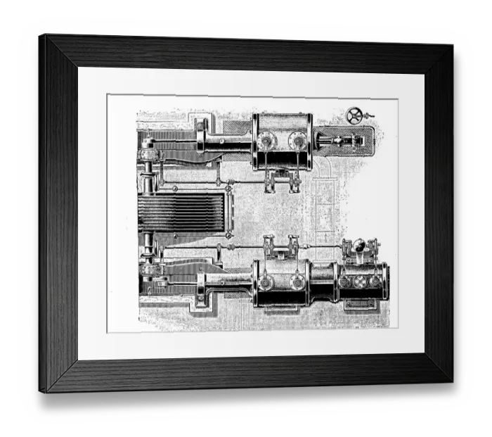 Framed Print : Horizontal triple-expansion steam engine with Elsner control from the Goerlitz machine factory, digitally restored reproduction of an original from the 19th century, Germany Framed Print : Horizontal triple-expansion steam engine with Elsner control from the Goerlitz machine factory, digitally restored reproduction of an original from the 19th century, Germany
