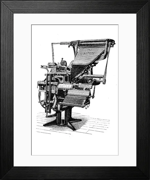 Framed Print : Printers, Linotype typesetting machine from Mergenthaler Setzmaschinenfabrik, Germany, digitally restored reproduction of an original from the 19th century Framed Print : Printers, Linotype typesetting machine from Mergenthaler Setzmaschinenfabrik, Germany, digitally restored reproduction of an original from the 19th century
