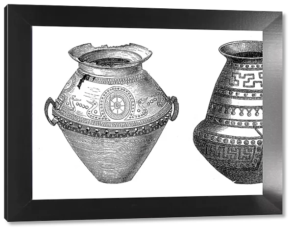 Urns, digitally restored reproduction of a 19th century original, exact original date unknown, on the left a bronze urn, a grave find from the South Germanic Iron Age, on the right a bone urn from Sittanova, Cittanova in Calabria, Italy