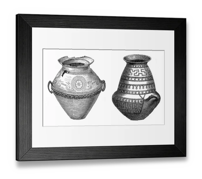 Framed Print : Urns, digitally restored reproduction of a 19th century original, exact original date unknown, on the left a bronze urn, a grave find from the South Germanic Iron Age, on the right a bone urn from Sittanova, Cittanova in Calabria, Italy Framed Print : Urns, digitally restored reproduction of a 19th century original, exact original date unknown, on the left a bronze urn, a grave find from the South Germanic Iron Age, on the right a bone urn from Sittanova, Cittanova in Calabria, Italy