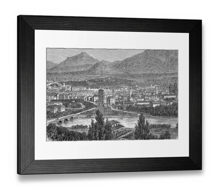 Framed Print : Trento in Trentino, years 1870, digitally restored reproduction of an original 19th century painting, exact original date not known, South Tyrol, Italy Framed Print : Trento in Trentino, years 1870, digitally restored reproduction of an original 19th century painting, exact original date not known, South Tyrol, Italy