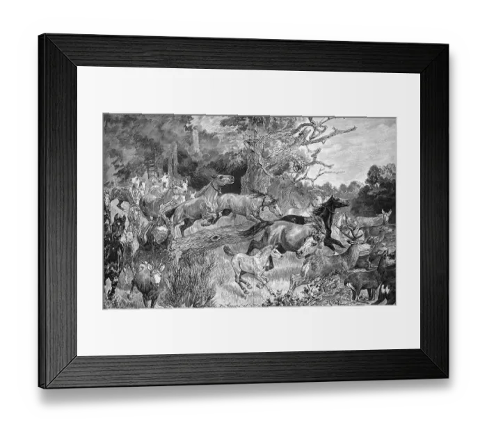Framed Print : Herd of horses flees from the paddock because of a forest fire, Germany, 1890, digitally restored reproduction of an original 19th century painting, exact original date unknown Framed Print : Herd of horses flees from the paddock because of a forest fire, Germany, 1890, digitally restored reproduction of an original 19th century painting, exact original date unknown
