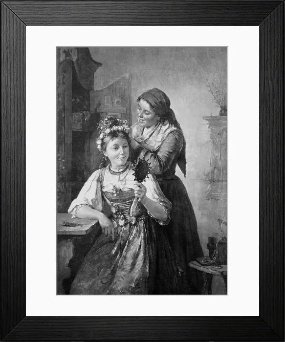 Framed Print : A bride in dirndl is decorated for the wedding party, Austria, c. 1880, digitally restored reproduction of an original 19th century pattern, exact original date not known Framed Print : A bride in dirndl is decorated for the wedding party, Austria, c. 1880, digitally restored reproduction of an original 19th century pattern, exact original date not known
