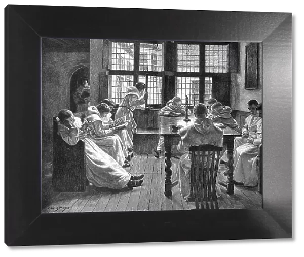 Novices in a convent school, 1880, digitally restored reproduction original 19th century painting, boys sitting around a table reading in books, Germany