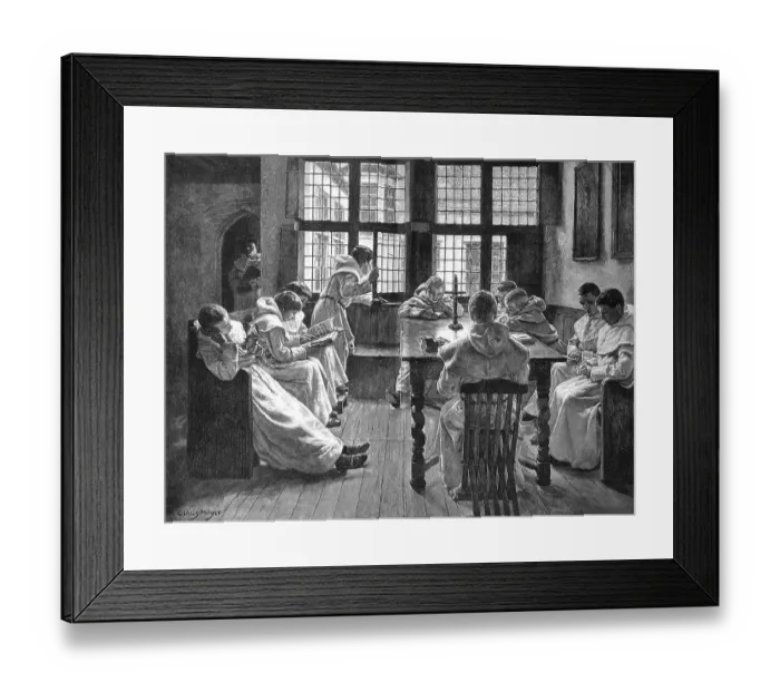 Framed Print : Novices in a convent school, 1880, digitally restored reproduction original 19th century painting, boys sitting around a table reading in books, Germany Framed Print : Novices in a convent school, 1880, digitally restored reproduction original 19th century painting, boys sitting around a table reading in books, Germany