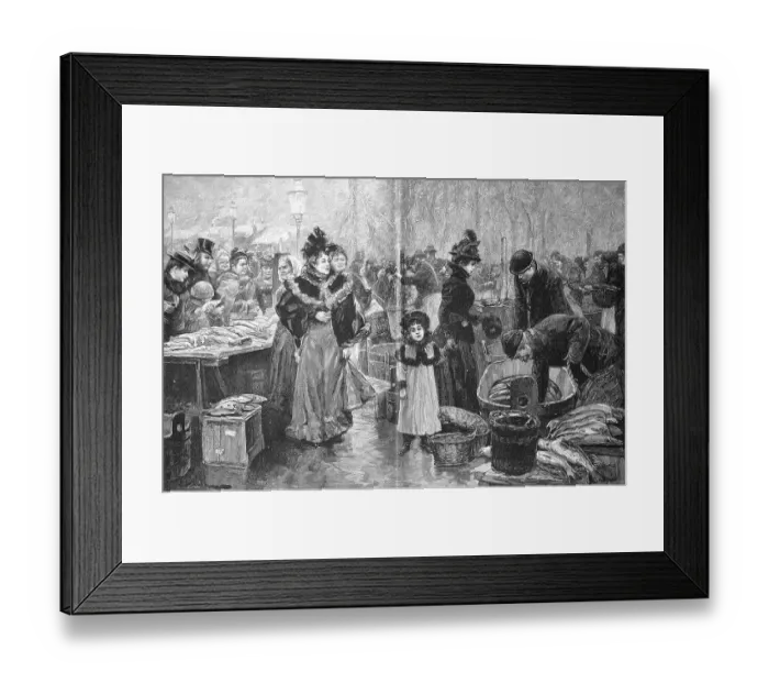 Framed Print : Fish market in Vienna, traders and customers of a market scene, 1885, digitally restored reproduction of an original 19th century painting, Austria Framed Print : Fish market in Vienna, traders and customers of a market scene, 1885, digitally restored reproduction of an original 19th century painting, Austria